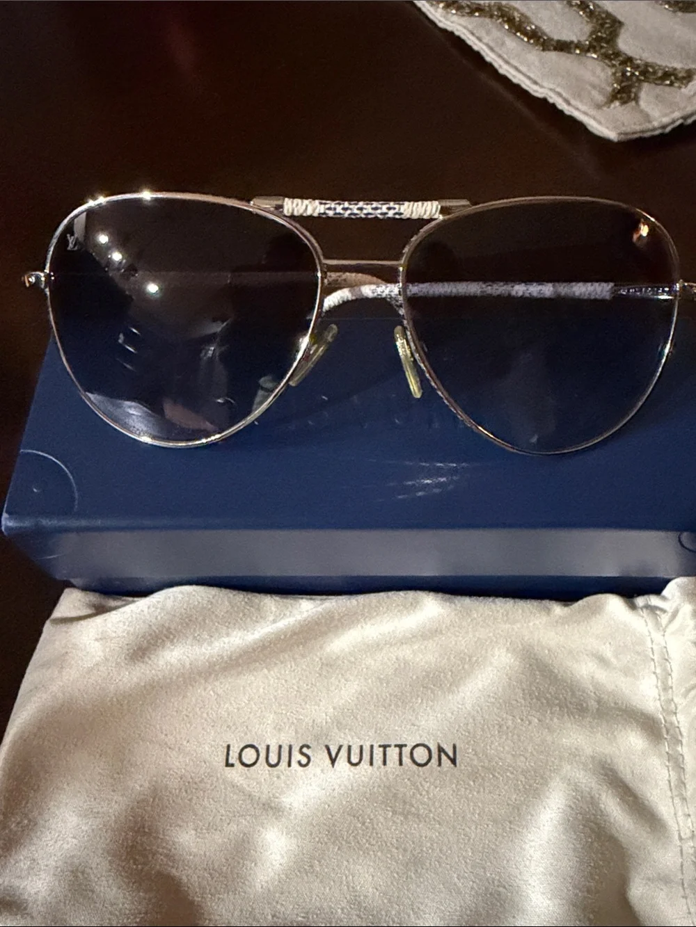 Louis Vuitton Silver Aviator Sunglasses with Dark Blue Lenses - Picture 2 of 7